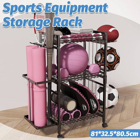 Sports Equipment Storage Rack with Wheels for Balls, Rackets and Yoga Mats