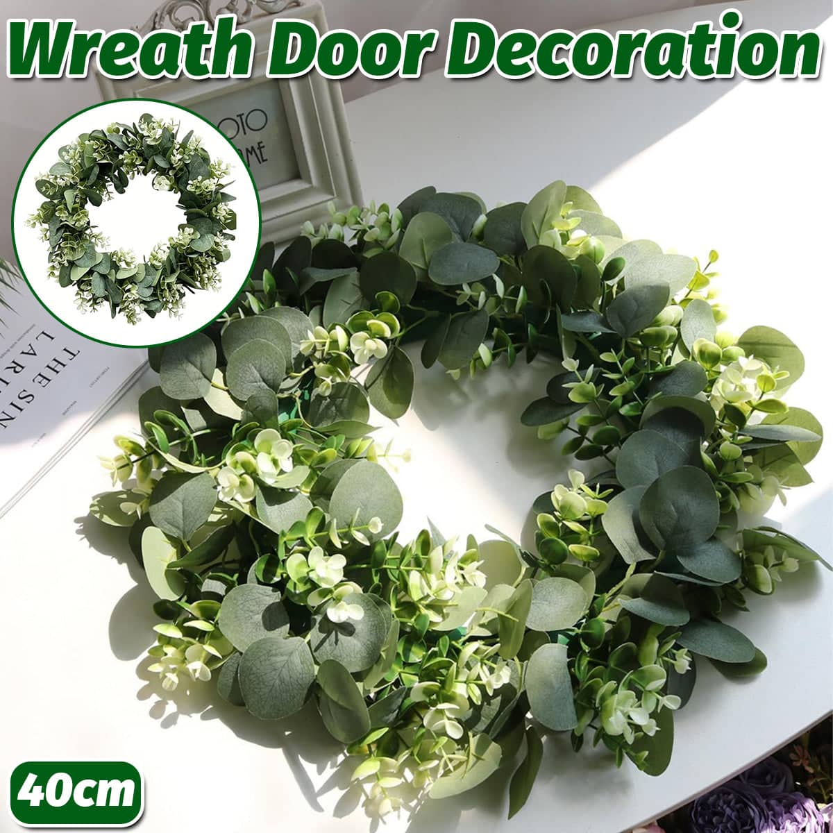 Spring Wreath Door Decoration Artificial Eucalyptus Hanging Ornament 40 cm, Green