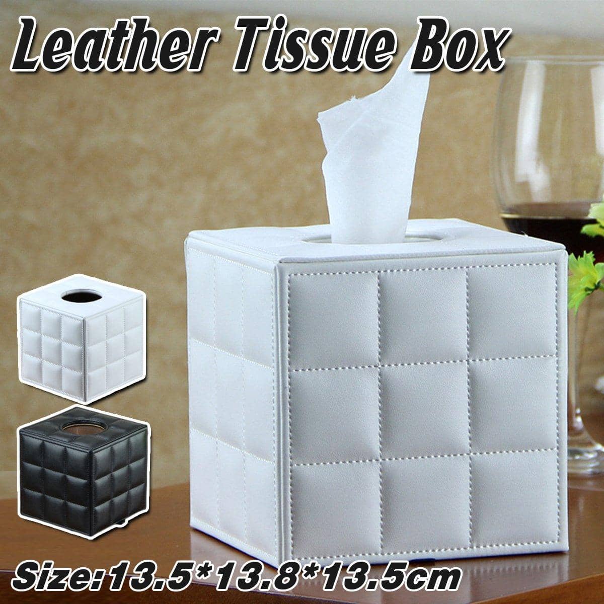 Square Faux Leather Tissue Box with Quilted Pattern - Black - view 2