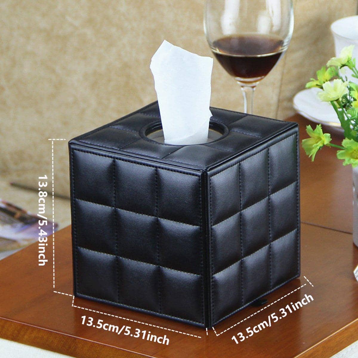 Square Faux Leather Tissue Box with Quilted Pattern - Black - view 4