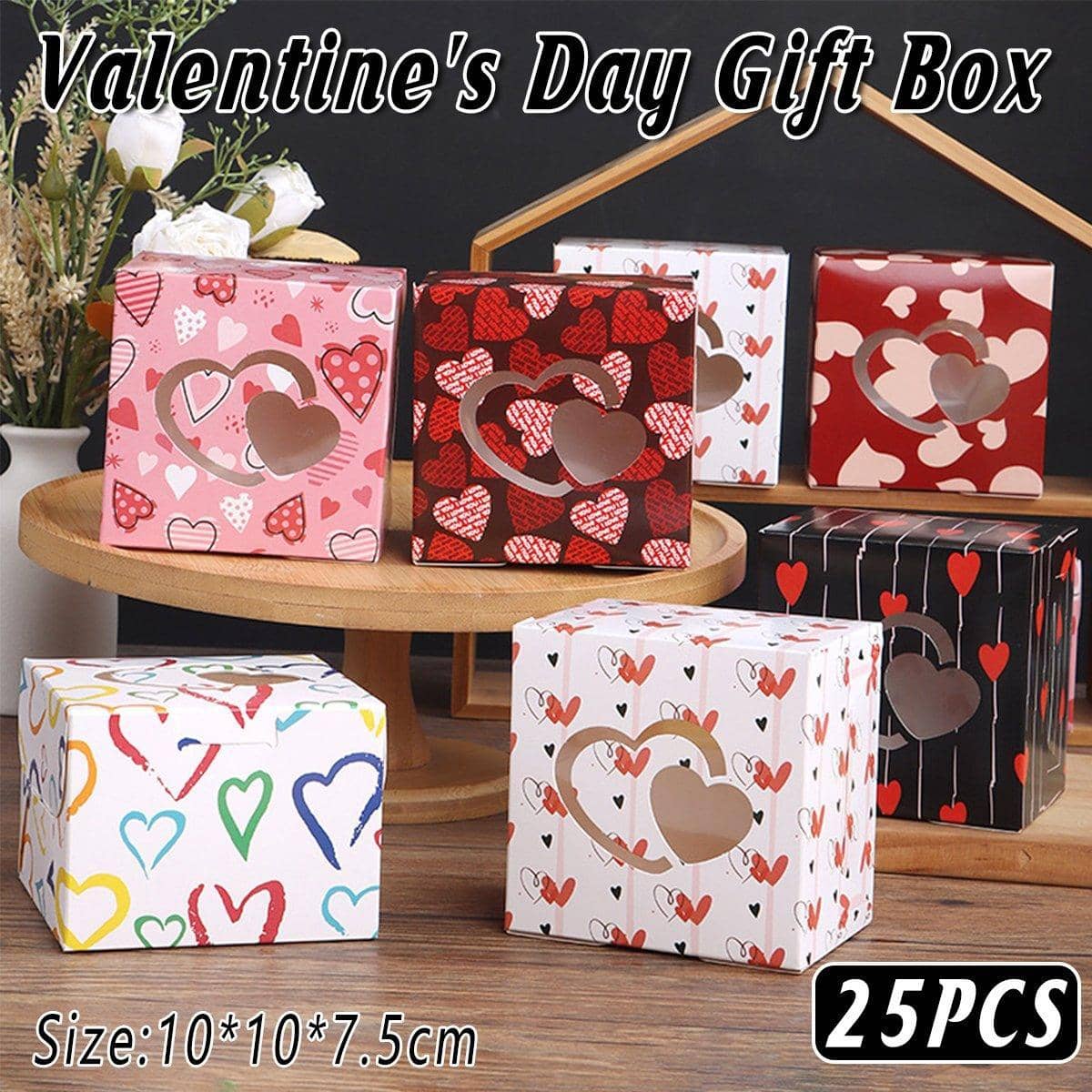 Square Gift Boxes with Heart Cutout, Pack of 25 - White Stripe with Red Hearts - view 2