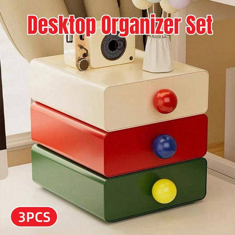 Stackable Desktop Organiser Drawer Set with Round Handles, Pack of 3