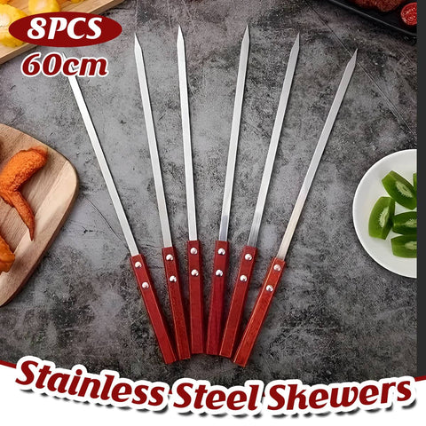 Stainless Steel BBQ Skewers with Wooden Handles, Flat Blade 8 Piece Set