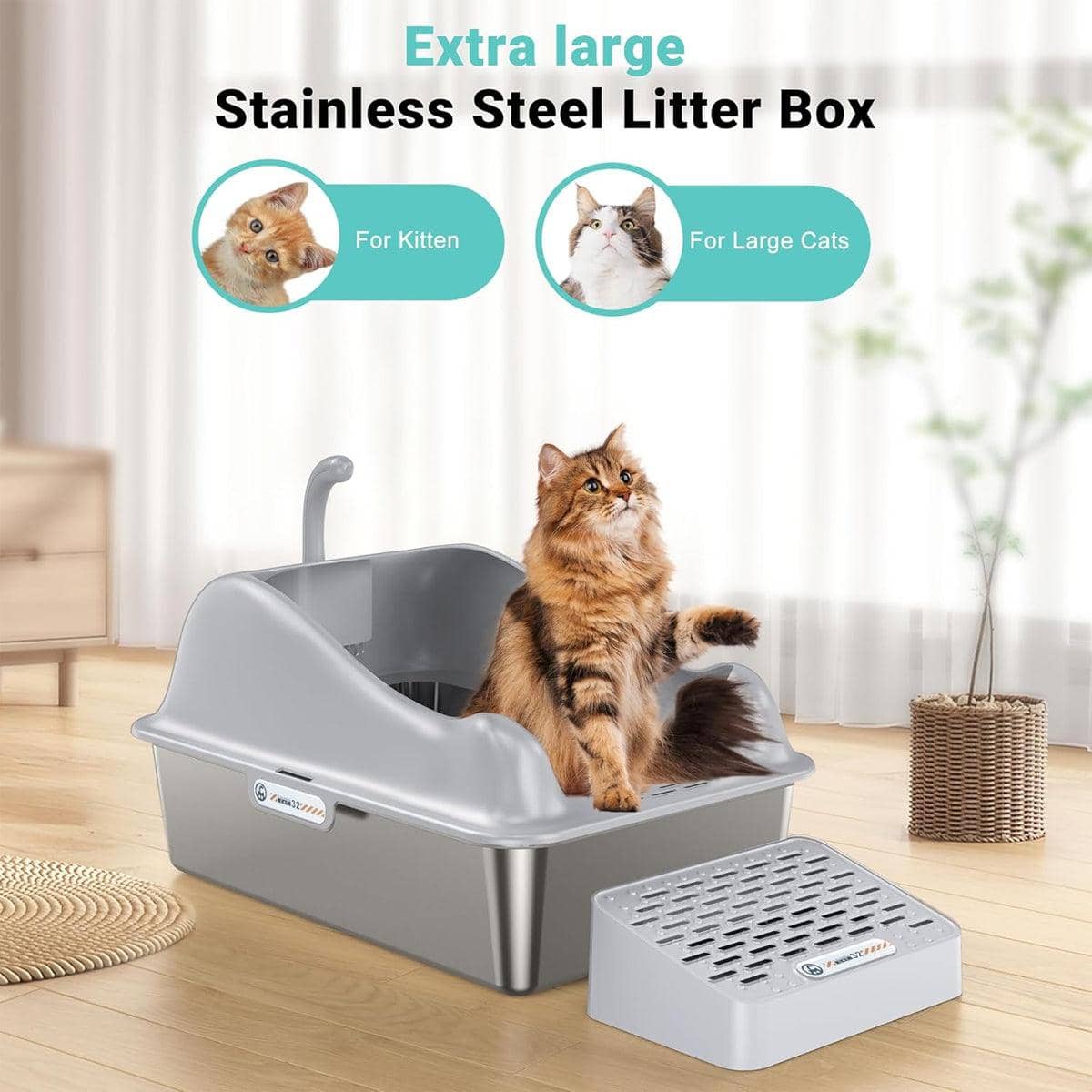 Stainless Steel Cat Litter Box Semi-Closed Design with Anti-Splash Edges - view 4