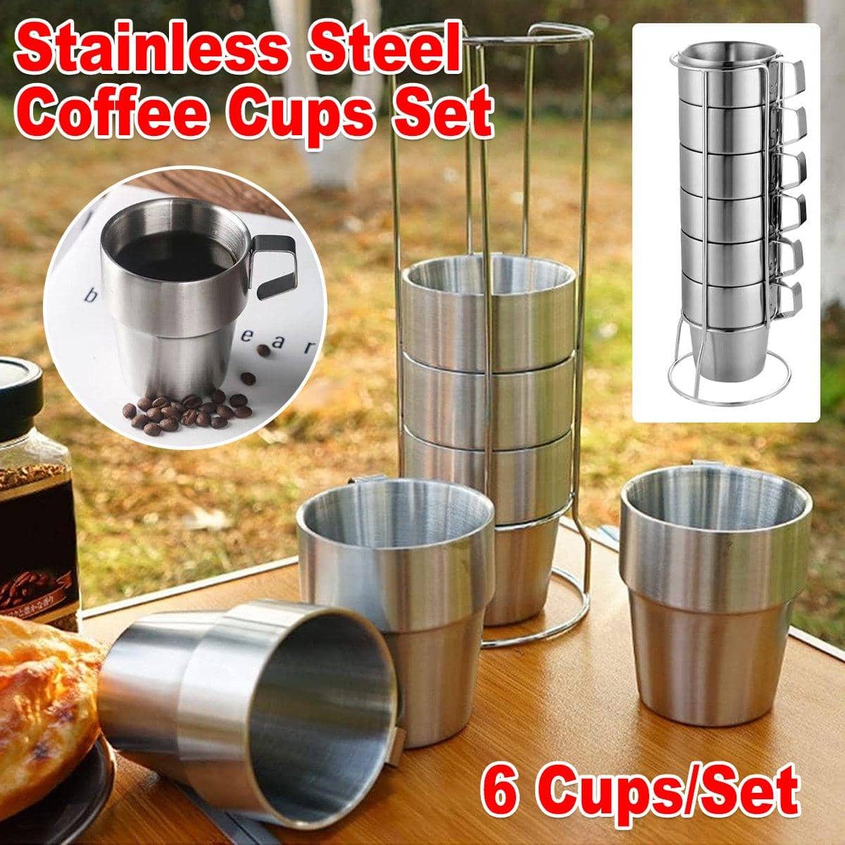 Stainless Steel Coffee Mugs Double Wall Insulated Drinkware with Holder, Pack of 6