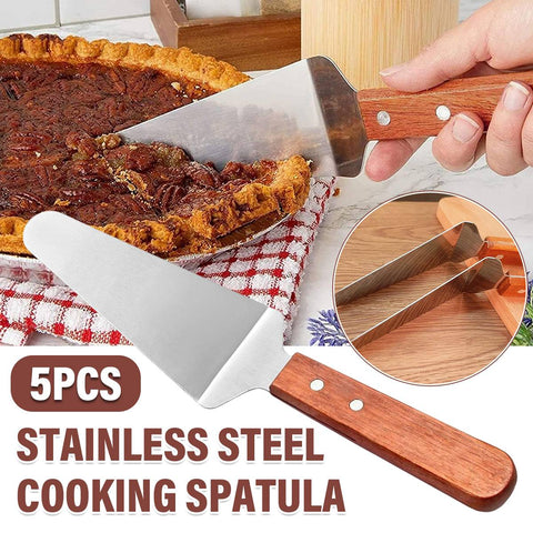 Stainless Steel Cooking Spatulas with Wooden Handles - 5 Pack