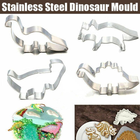 Stainless Steel Dinosaur Cookie Cutter Set for Fondant and Biscuits - Pack of 4
