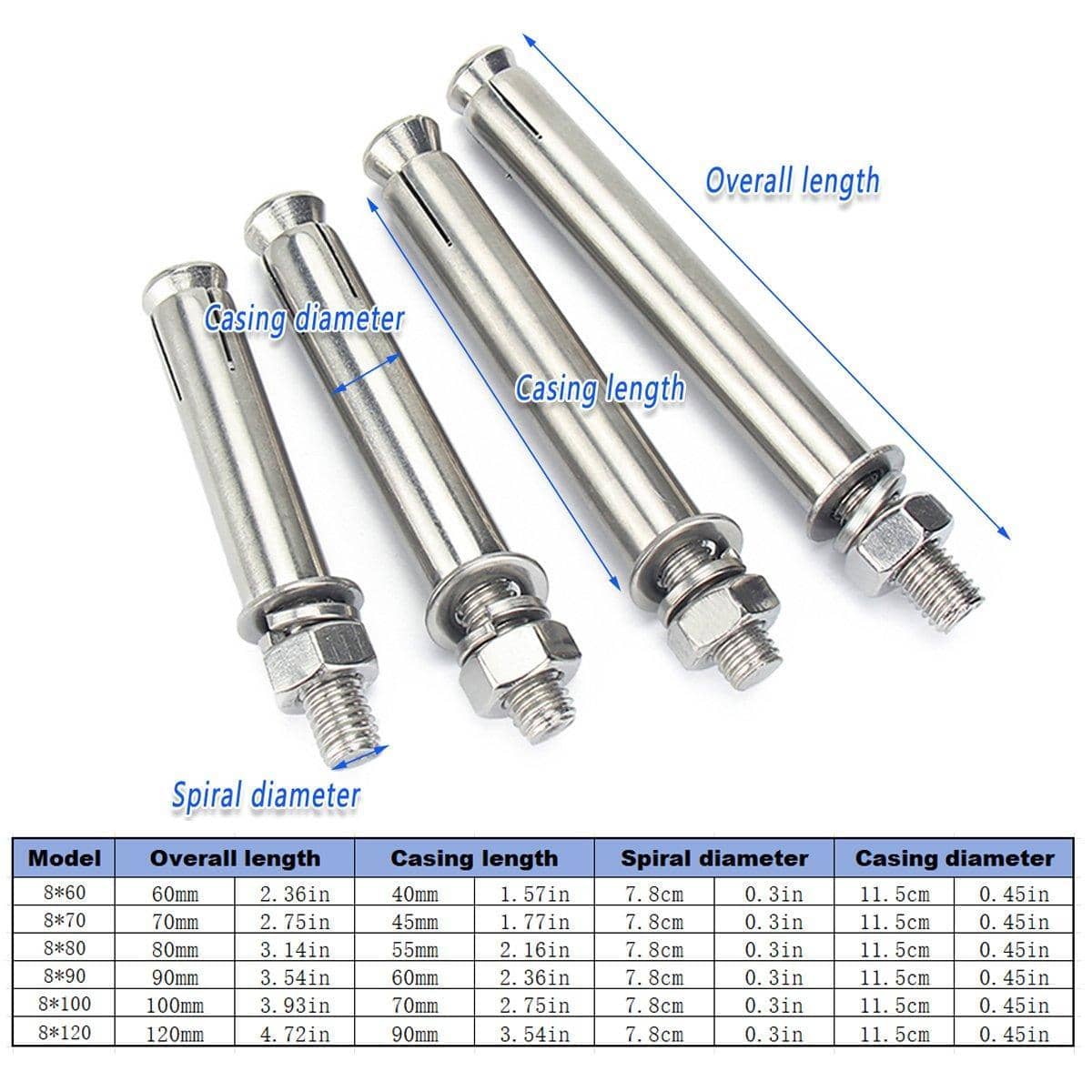 Stainless Steel Expansion Anchor Bolts, Hex Head, Pack of 5 - M8 x 90 mm - view 4