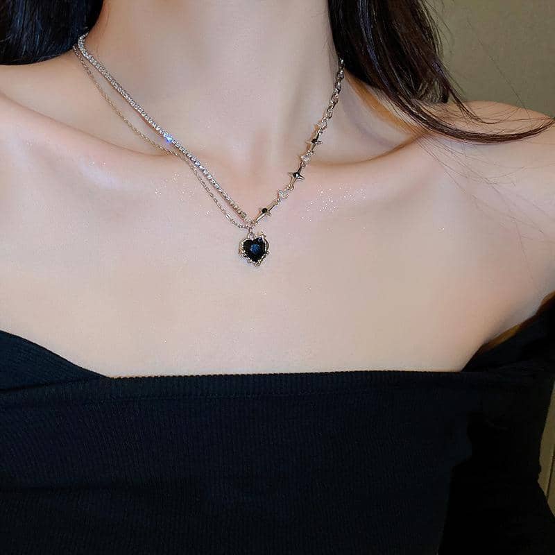 Stainless Steel Heart Pendant Necklace with Adjustable Clavicle Chain - Black Heart - view 4