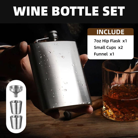 Stainless Steel Hip Flask Set with Funnel and 2 Shot Cups, 7 oz (207 ml)
