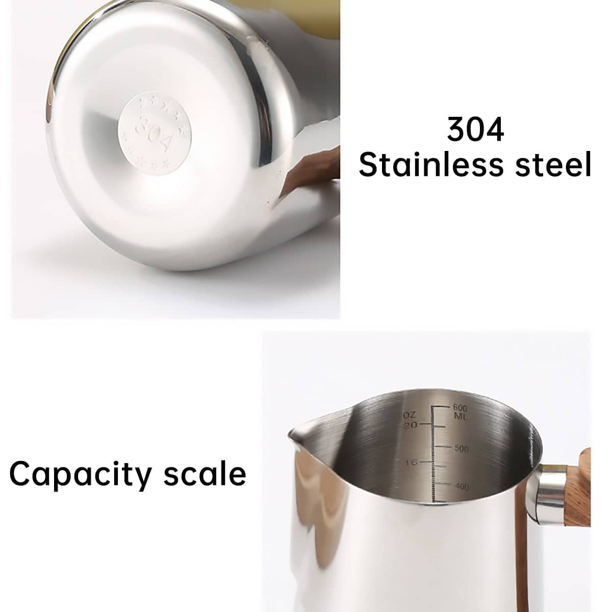 Stainless Steel Milk Frothing Pitcher with Wooden Handle - 600ml - view 5