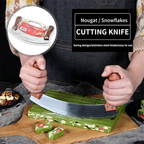 Stainless Steel Nougat Cutting Knife with Arc Blade and Wooden Handles