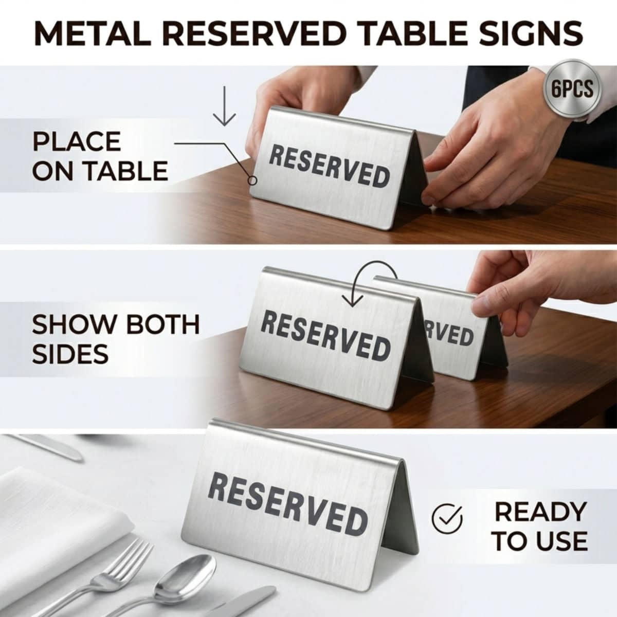 Stainless Steel Reserved Table Signs Pack of 6 Tent Style - view 4