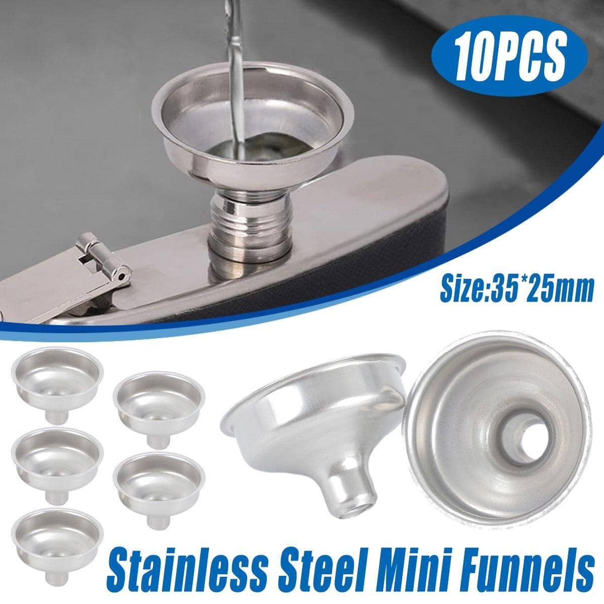 Stainless Steel Small Funnel Set for Hip Flasks and Camping, Pack of 10