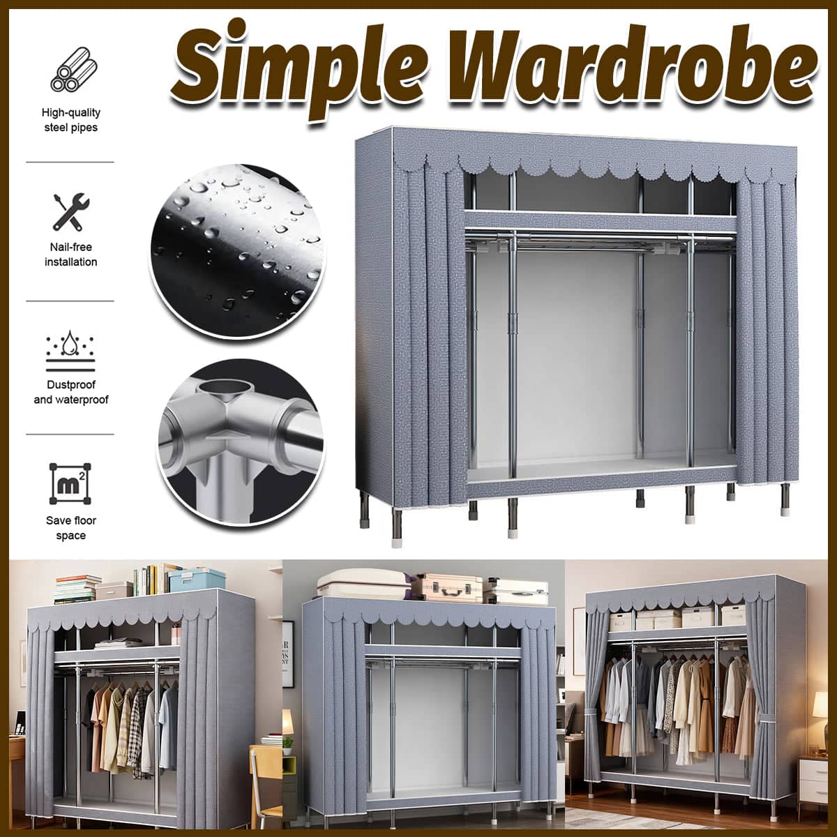 Steel Frame Wardrobe Closet Organiser - Grey, 170 x 165 x 45cm