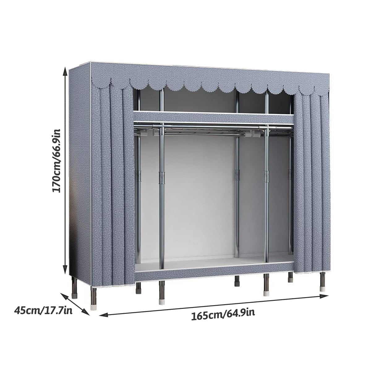 Steel Frame Wardrobe Closet Organiser - Grey, 170 x 165 x 45cm - view 3