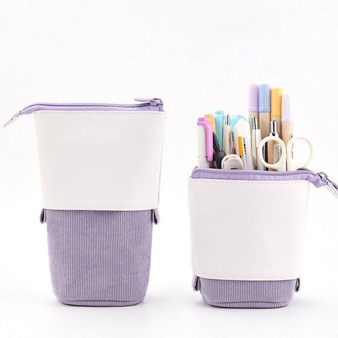 Stretchable Canvas Pencil Case, Pull-Down Pen Holder - Light Purple and White