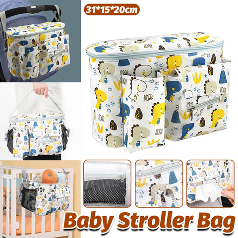 Stroller Organiser Bag, Nappy Bag with Blue and Yellow Dinosaur Print