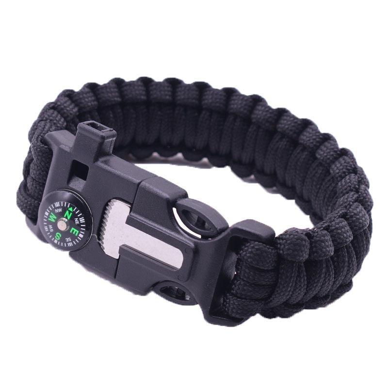 Survival Paracord Bracelet with Compass, Whistle and Fire Starter - Black