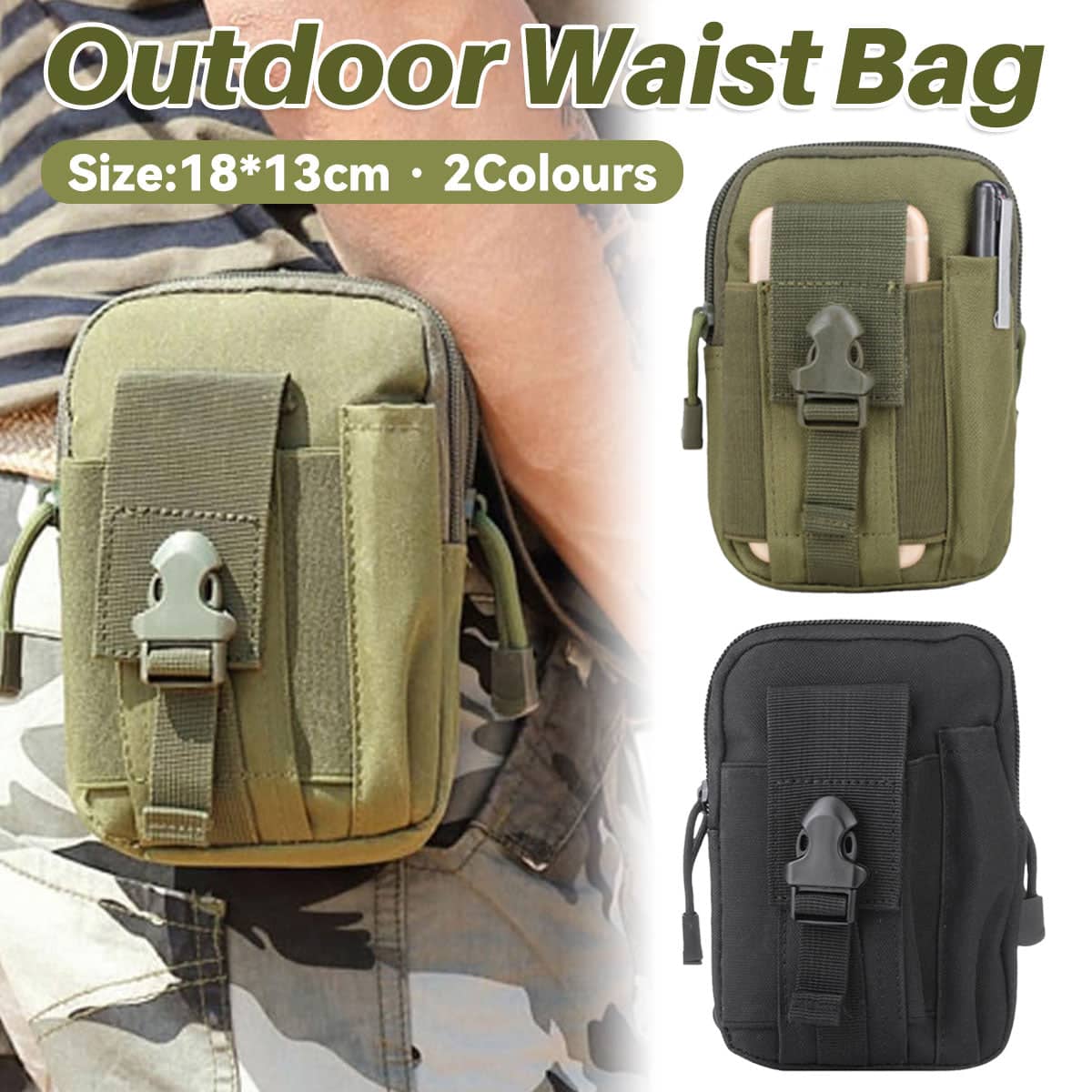 Tactical Waist Bag with MOLLE Straps for Hiking, Camping and Travel - Black - view 2