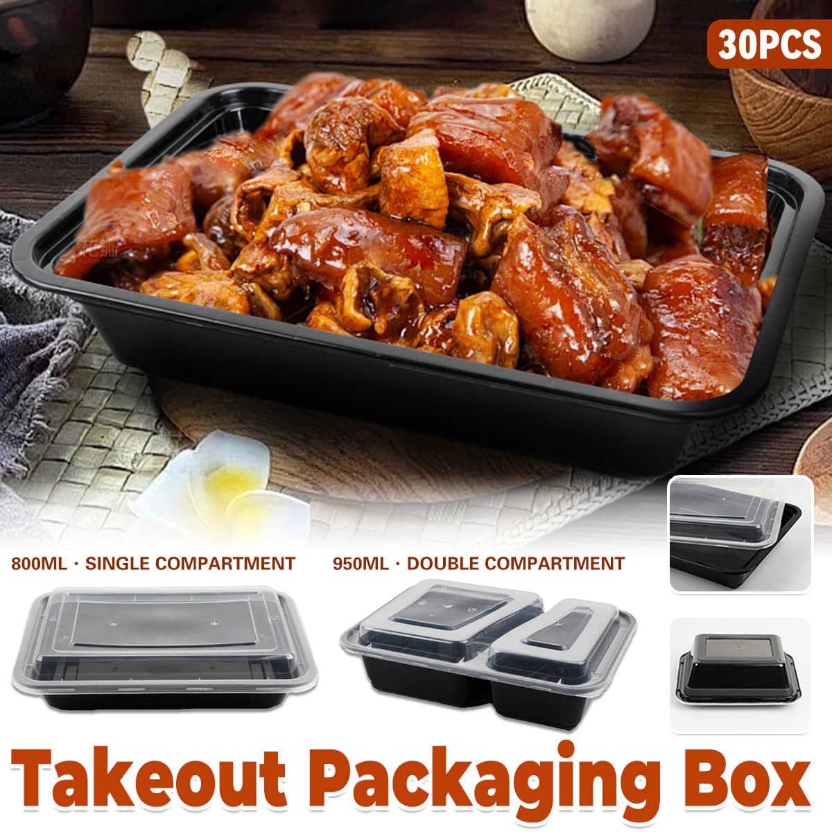 Takeout Containers with Clear Lids and Black Base, Pack of 30 - 950ml - view 2