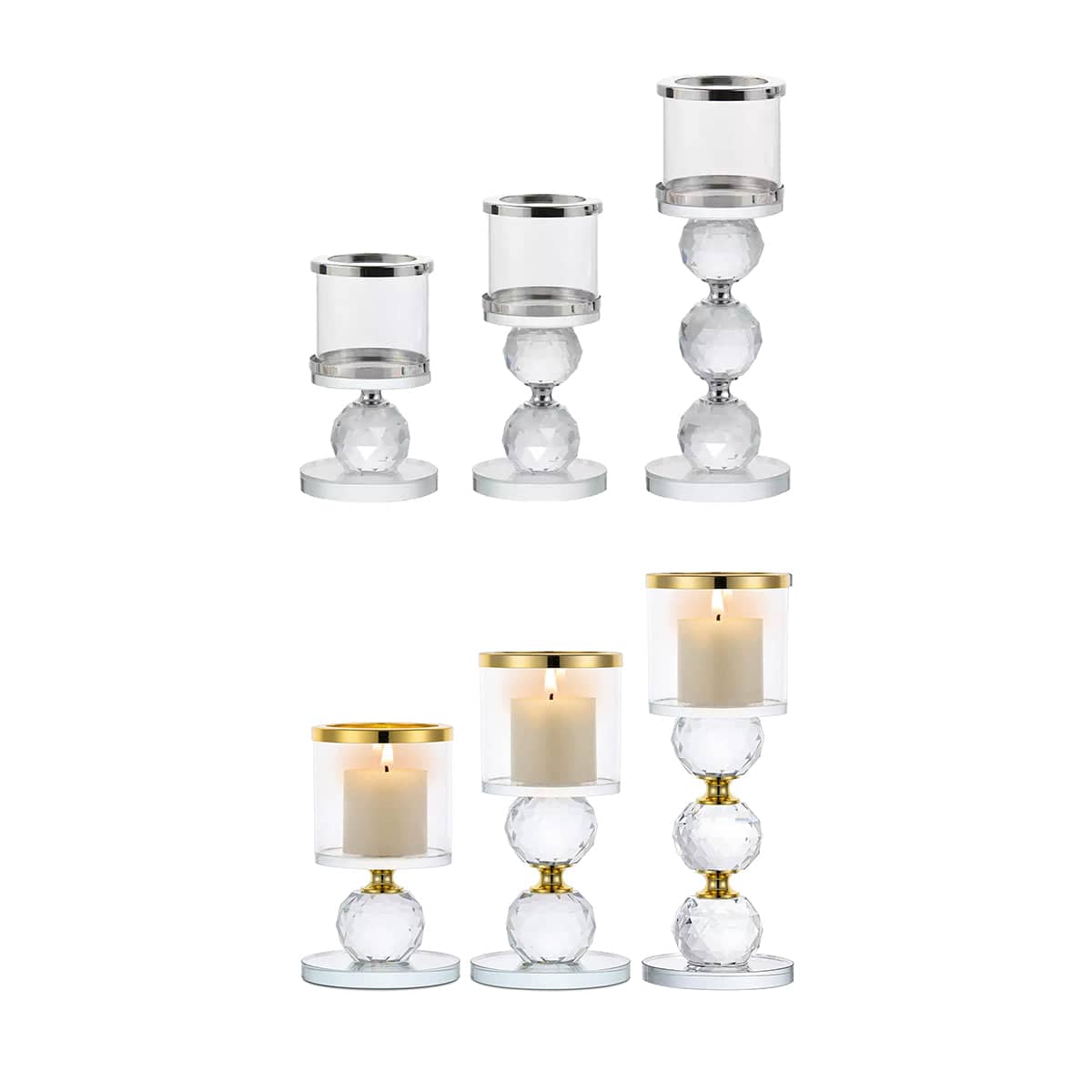 Tall Glass Candlestick Holder Set of 3 with Crystal Spheres - Gold - view 3