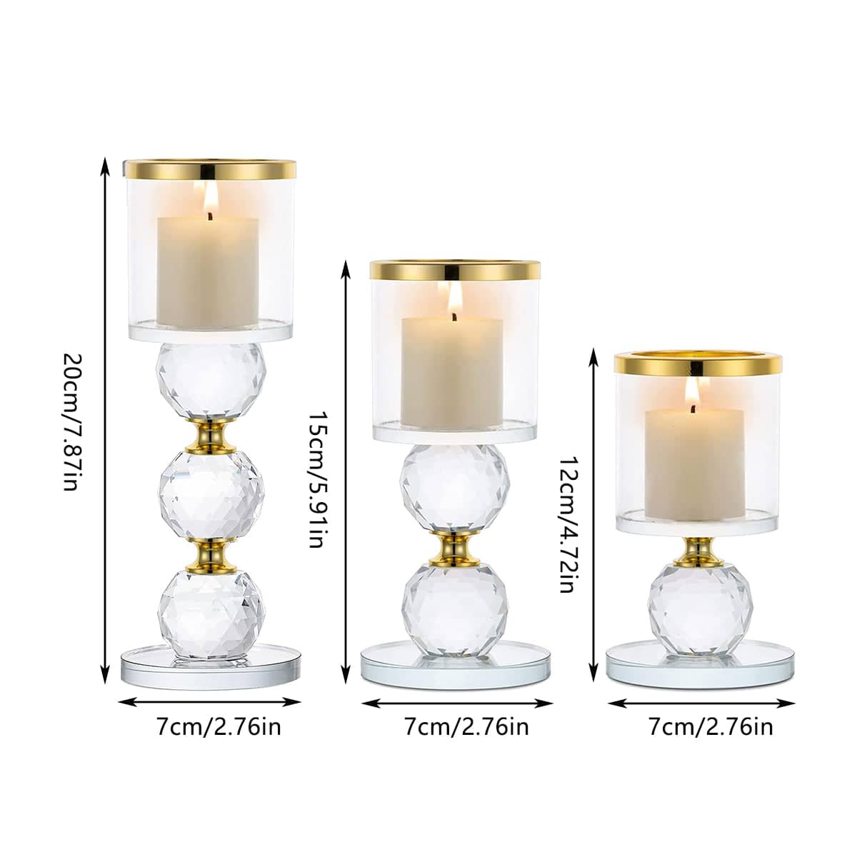 Tall Glass Candlestick Holder Set of 3 with Crystal Spheres - Gold - view 4