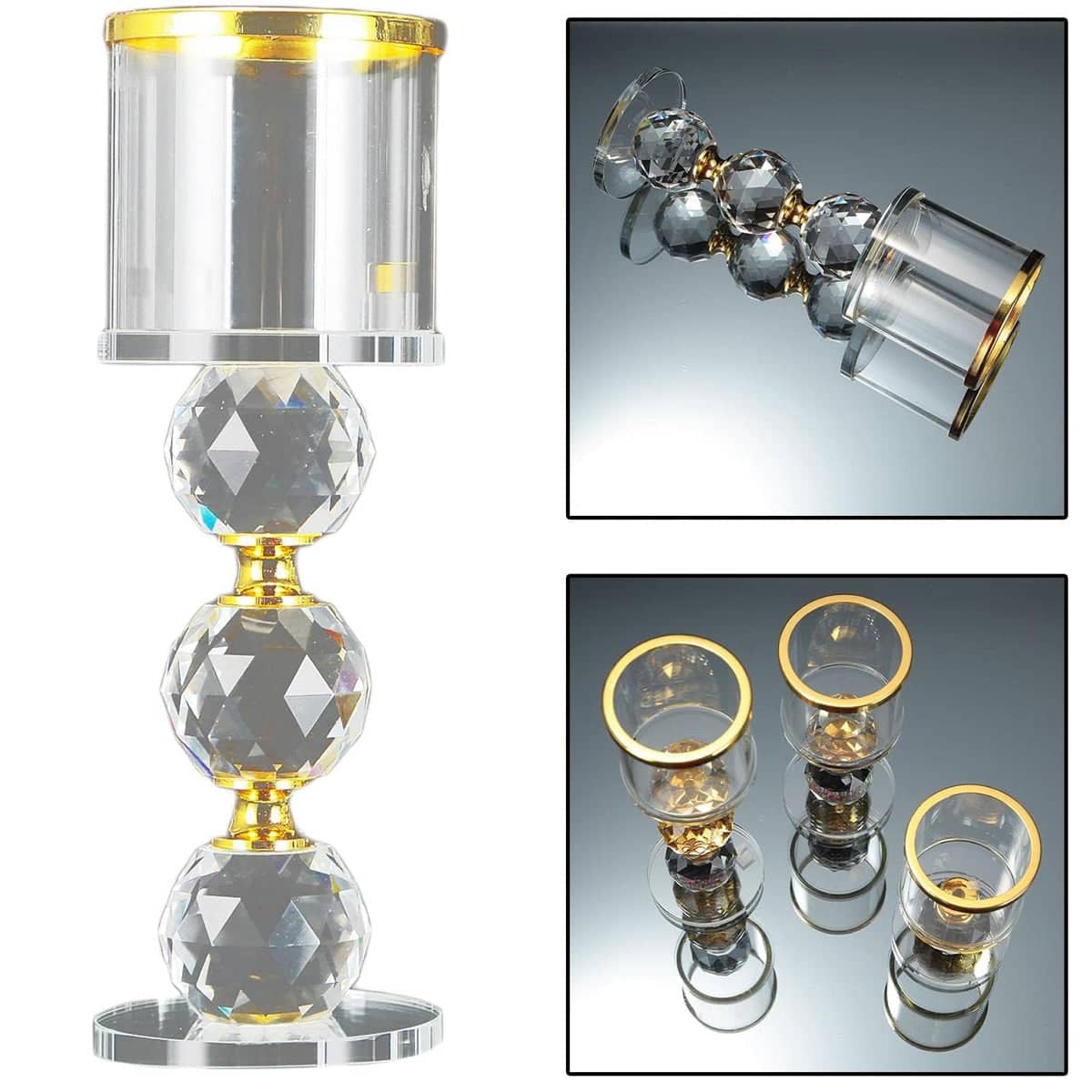 Tall Glass Candlestick Holder Set of 3 with Crystal Spheres - Gold - view 5