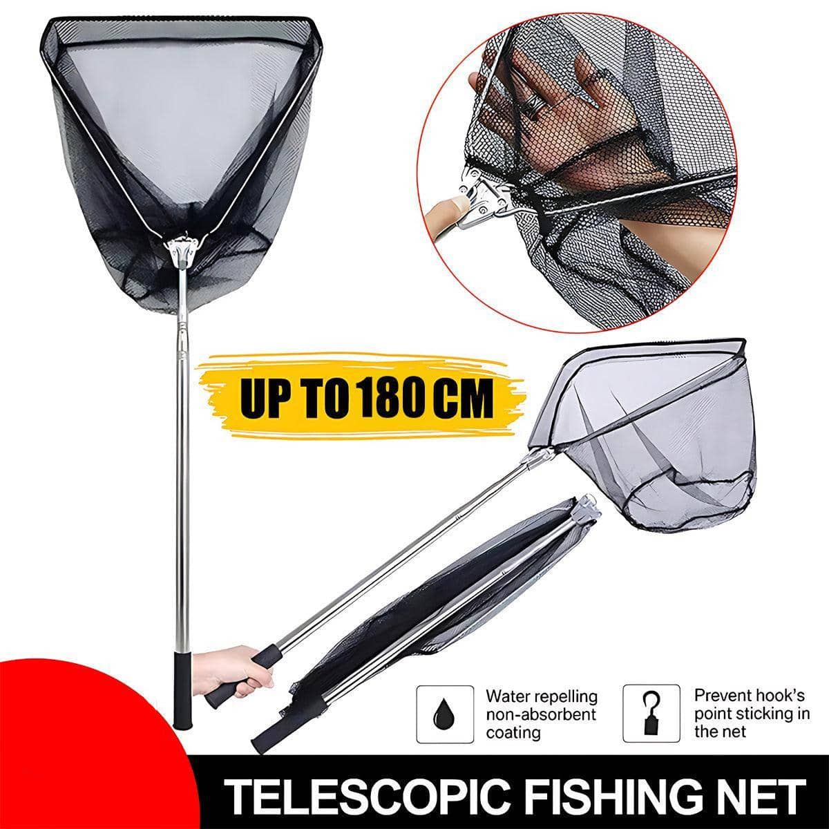 Telescopic Folding Fishing Landing Net - Black and Silver