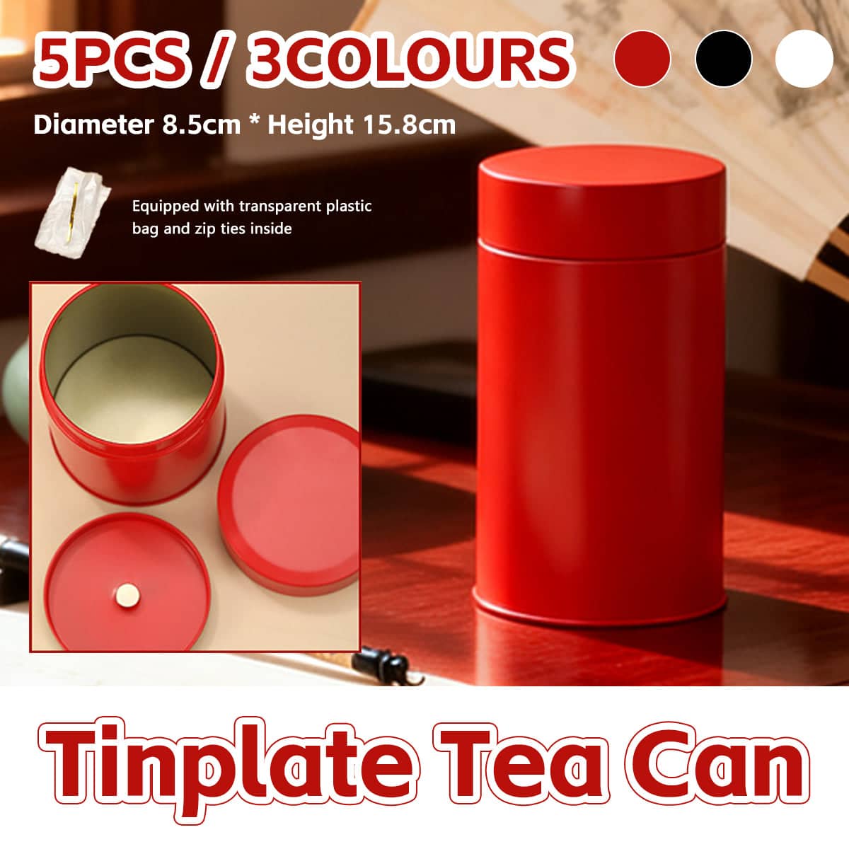 Tinplate Tea Storage Canisters with Airtight Double Lid - Red, Set of 5 - view 2