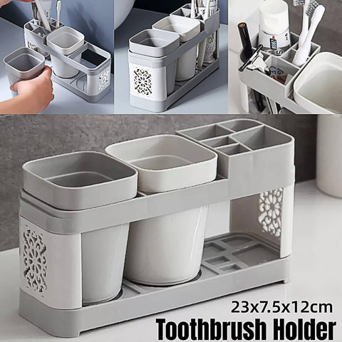 Toothbrush Holder Stand with Two Cups, PP Plastic - Grey and White