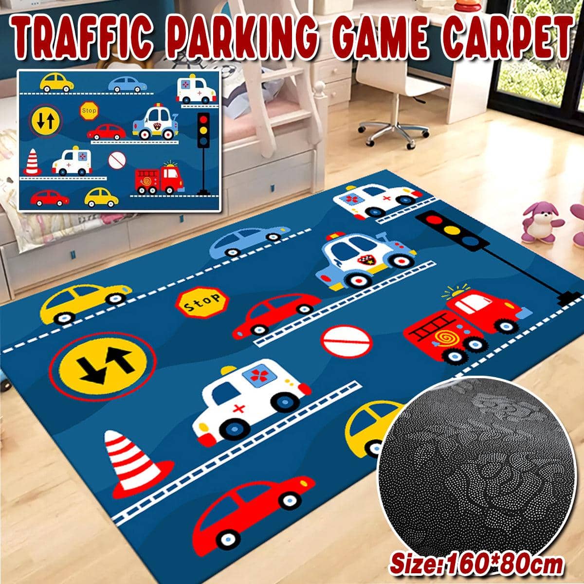 Traffic Road Play Mat for Kids Playroom, 160 x 80 cm Non-Slip Rug