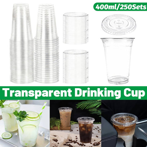 Transparent Disposable Drinking Cups with Lids, 400 ml, Pack of 250 Sets