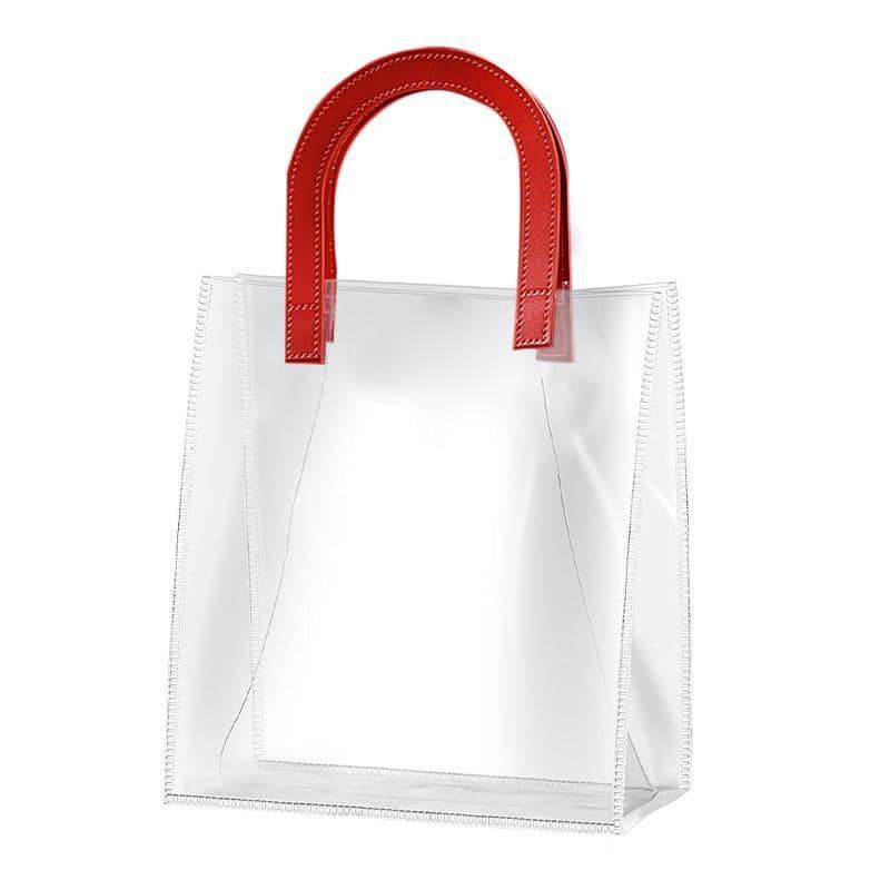 Transparent PVC Handheld Gift Bag with Red Handle Candy Container - Pack of 10 Large 24 x 14 x 26 cm