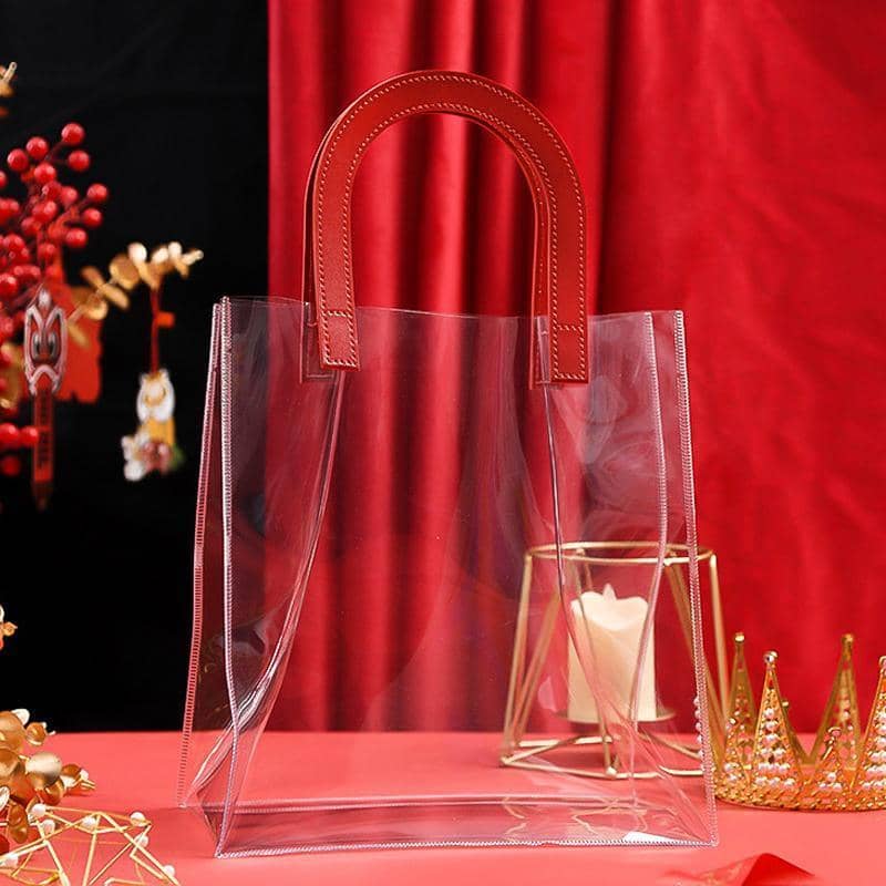 Transparent PVC Handheld Gift Bag with Red Handle Candy Container - Pack of 10 Large 24 x 14 x 26 cm - view 5