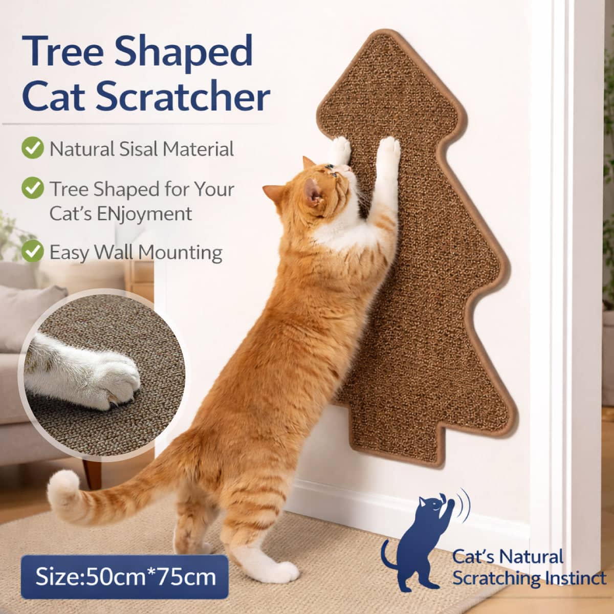 Tree Shape Wall Mounted Cat Scratching Board, Durable Sisal and Wood Backing