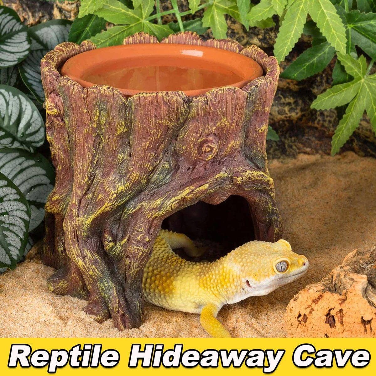 Tree Stump Reptile Cave Lizard Hide with Moisture Basin for Terrarium