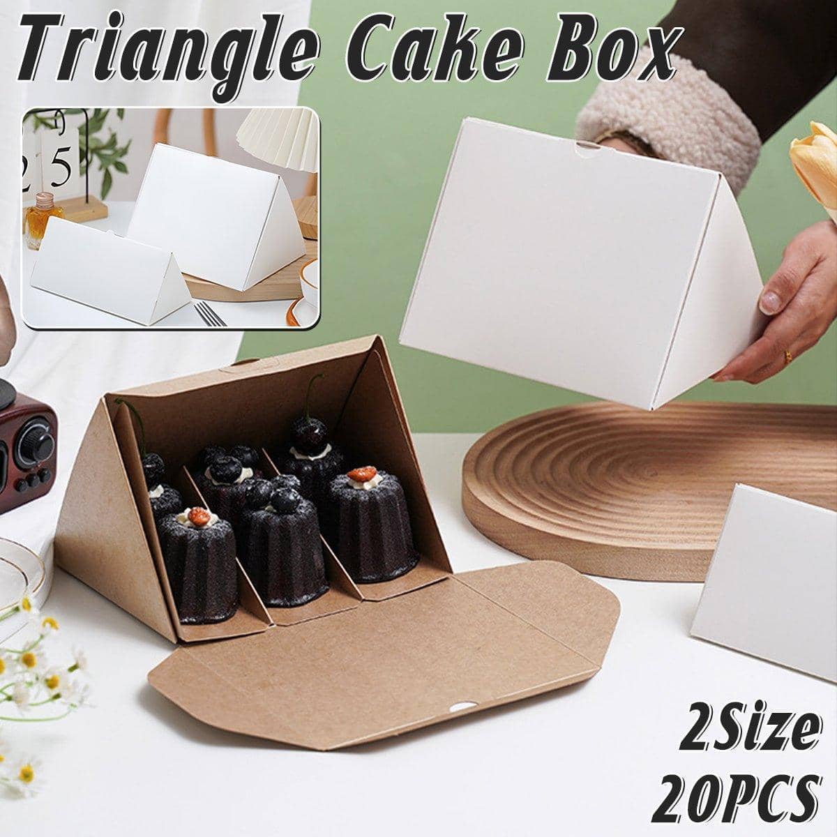 Triangle Cake Boxes for Sandwiches and Cakes, Pack of 20 - White, Large (18 x 14 x 14 cm) - view 2