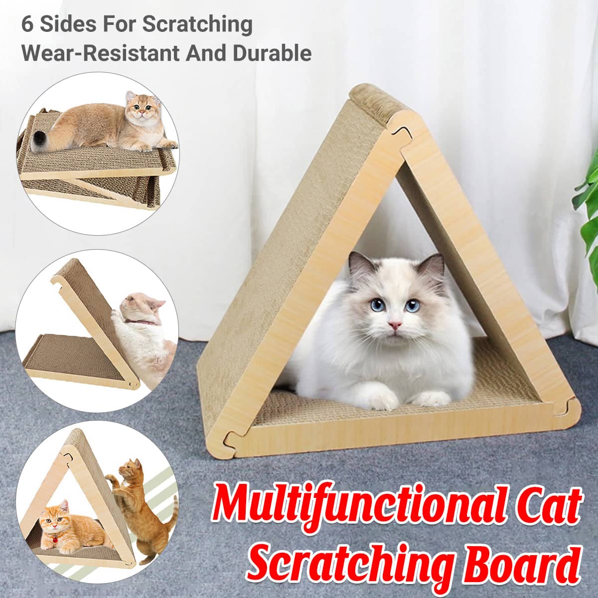 Triangular Foldable Cat Scratching Board, Corrugated Cardboard Scratcher with Wood Grain Edge