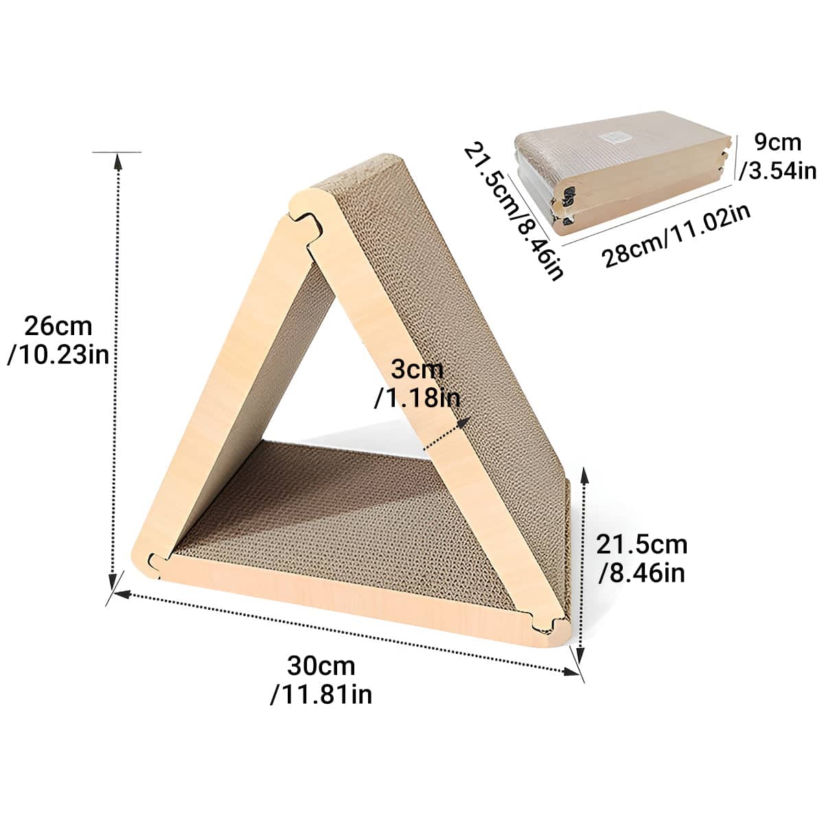 Triangular Foldable Cat Scratching Board, Corrugated Cardboard Scratcher with Wood Grain Edge - view 3