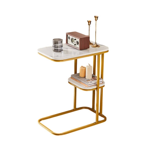 Two-Tier Side Table with Marble-Patterned Surface - White