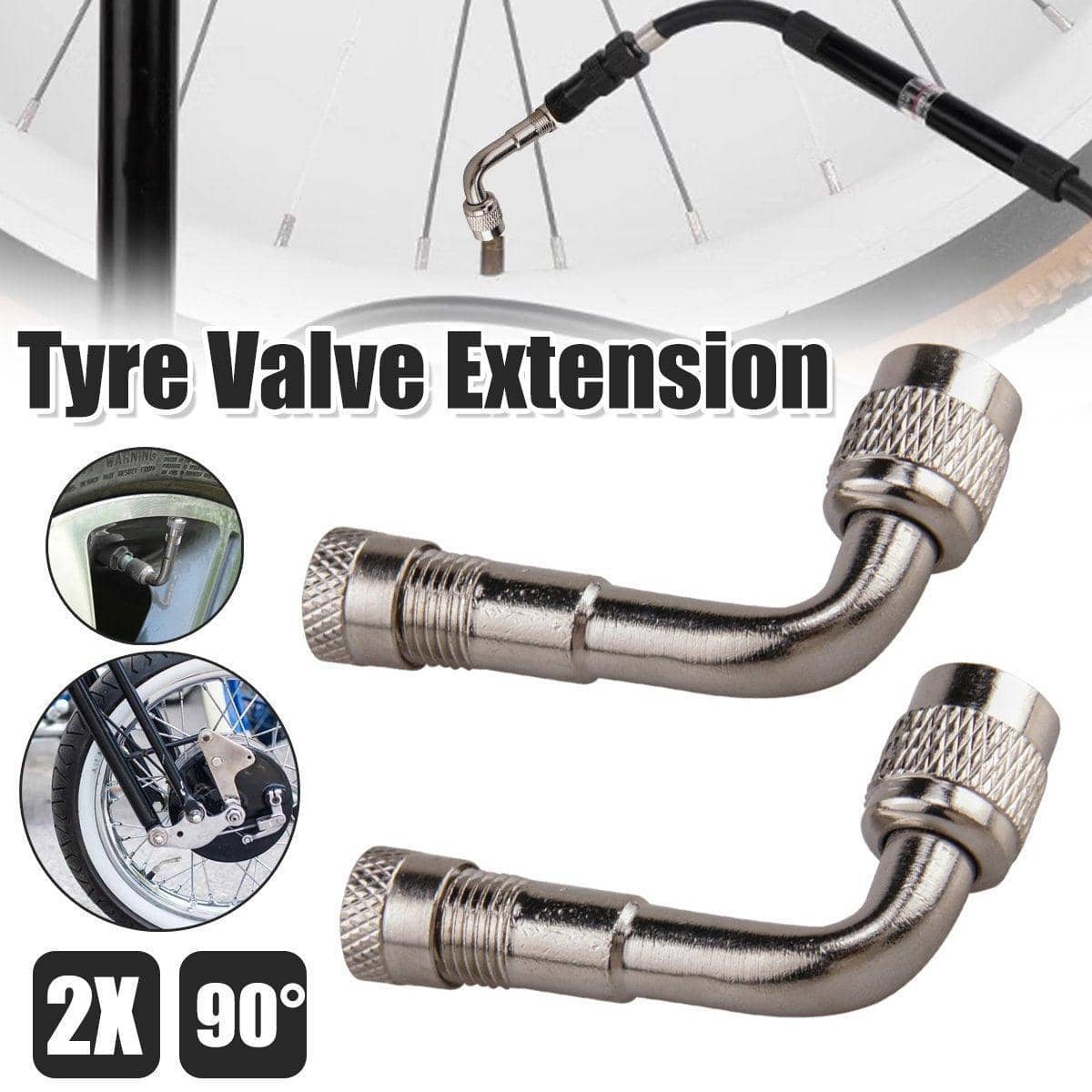 Tyre Valve Extension Adaptors, 90 Degree Angle - Silver, Pack of 2