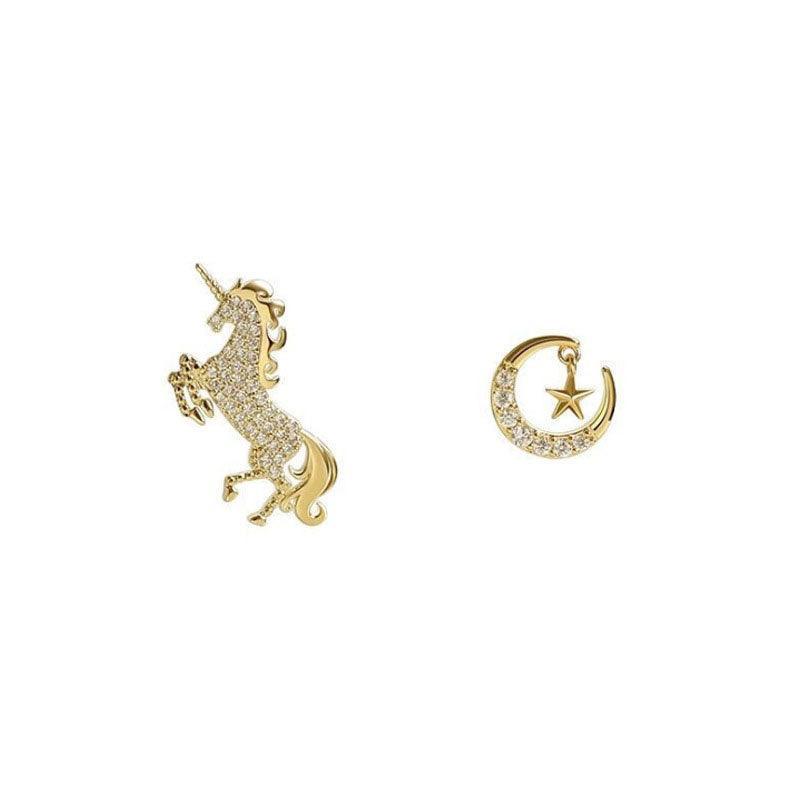 Unicorn and Moon Stud Earrings for Women - Gold-Tone Mismatched Pair