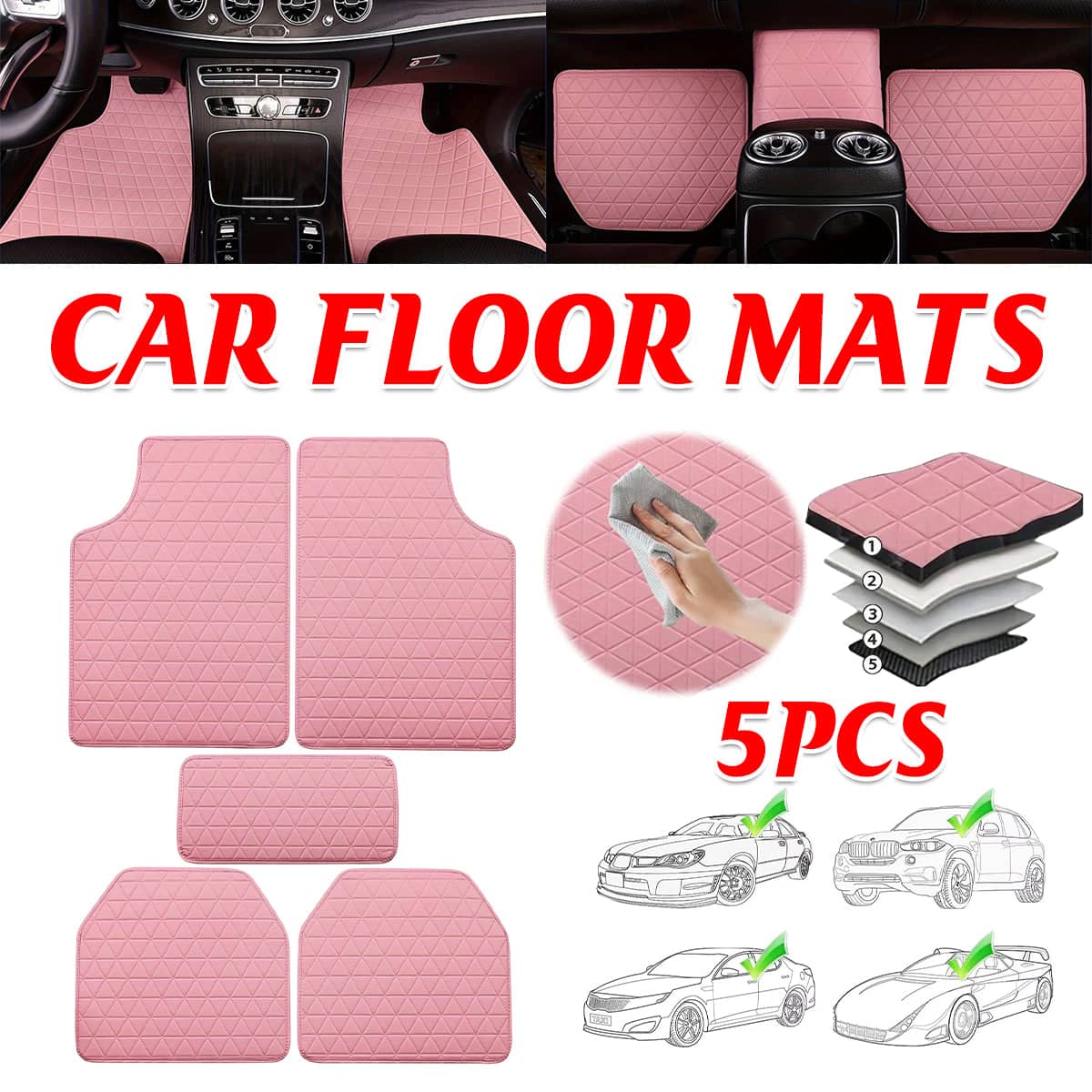 Universal Car Floor Mat Set of 5, Pink PVC Leather Front and Rear Protection