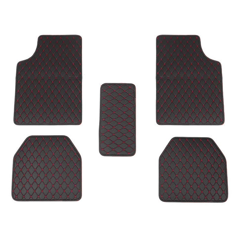 Universal Waterproof Car Floor Mat Set, 5 Piece Leather Diamond Pattern - Black and Red
