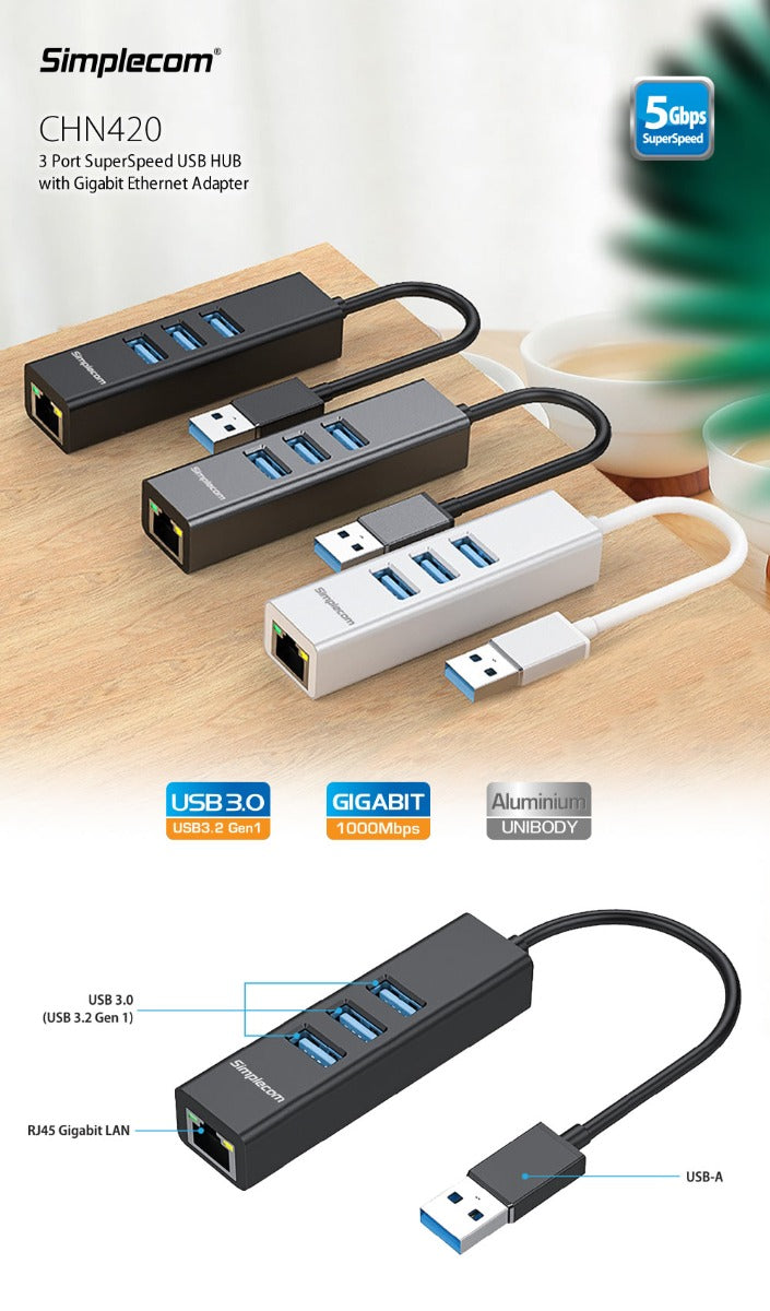 Simplecom CHN420 Aluminium 3 Port SuperSpeed USB HUB with Gigabit Ethernet Adapter Black - SuperSaverAU - view 3