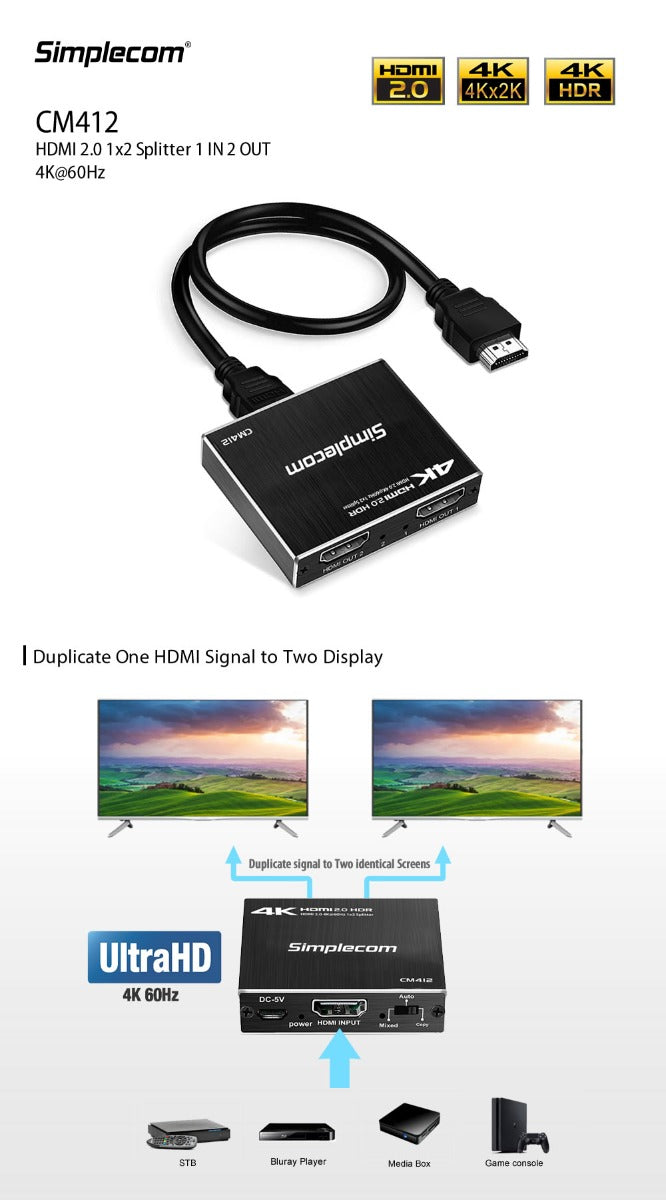 Simplecom CM412 HDMI 2.0 1x2 Splitter 4K 60Hz