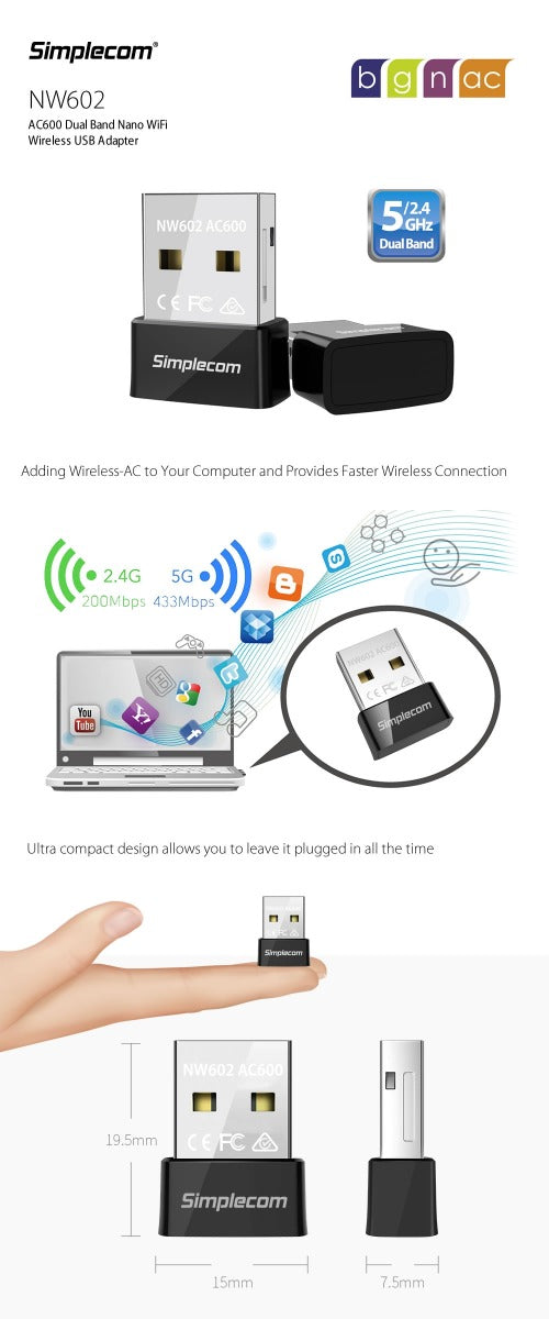 Simplecom NW602 AC600 Dual Band Nano USB WiFi Wireless Adapter - SuperSaverAU - view 6