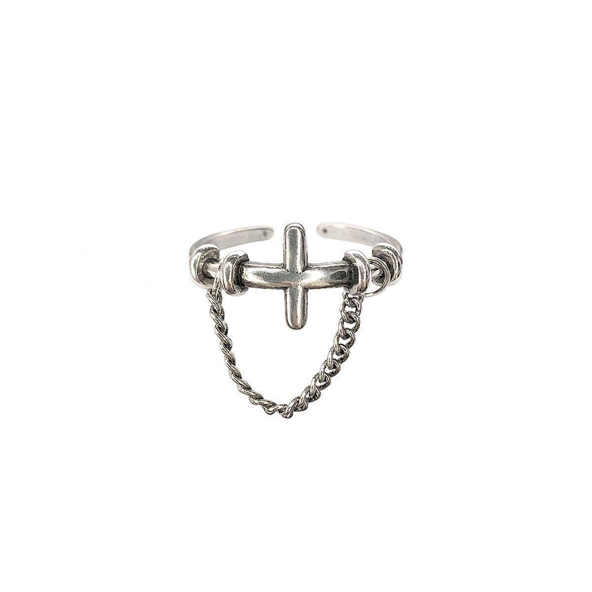 Vintage Adjustable Open Ring for Women - Chain and Cross Design, Silver-Tone