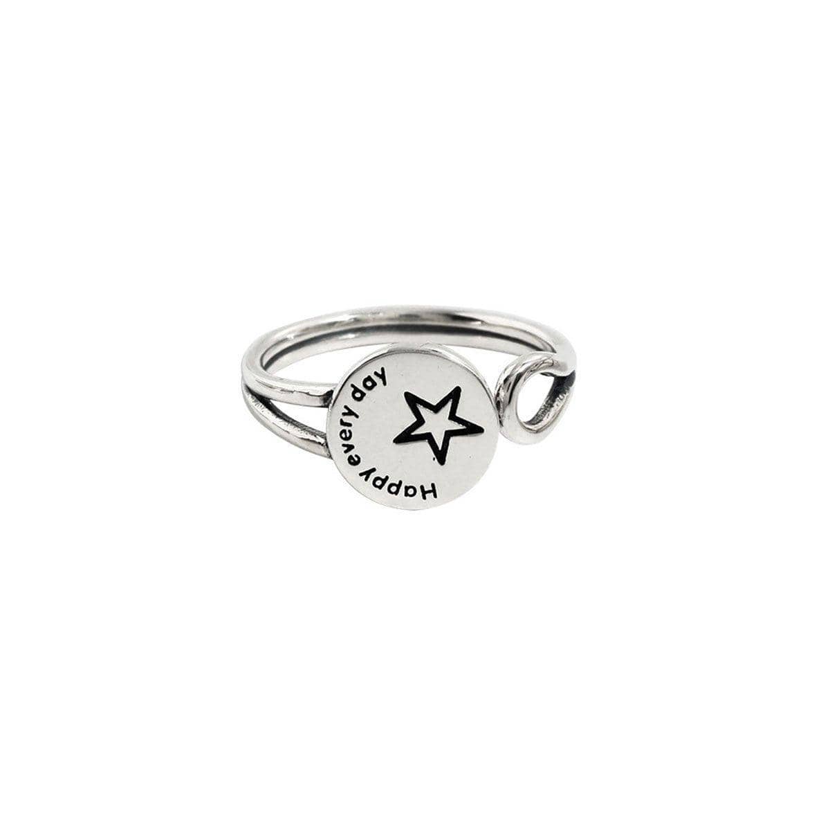 Vintage Adjustable Open Ring for Women - Disc and Star Design, Silver-Tone